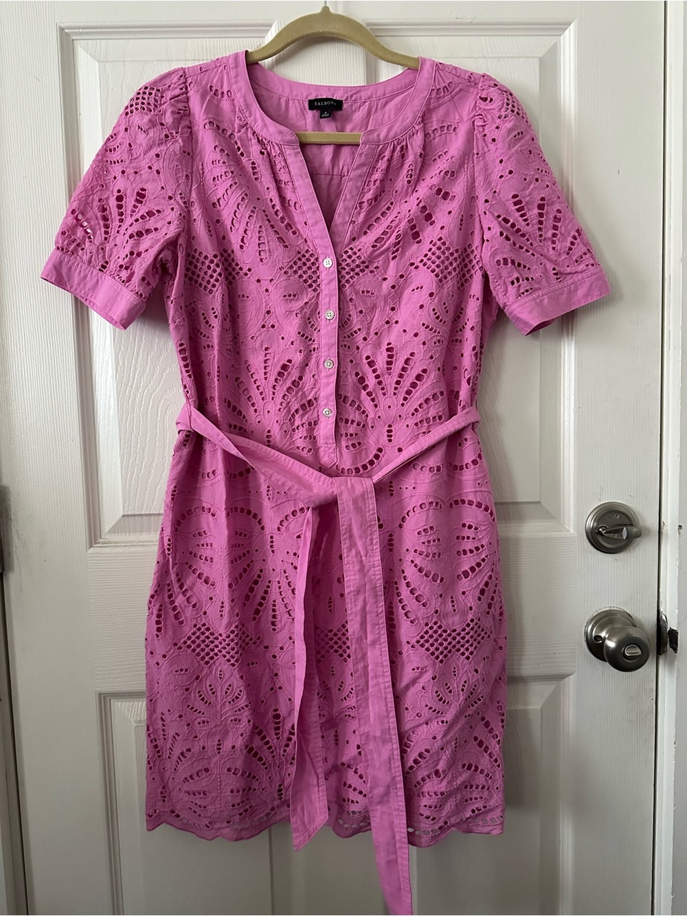 Talbots Pink Eyelet Cotton Midi Dress with Self Tie Belt
